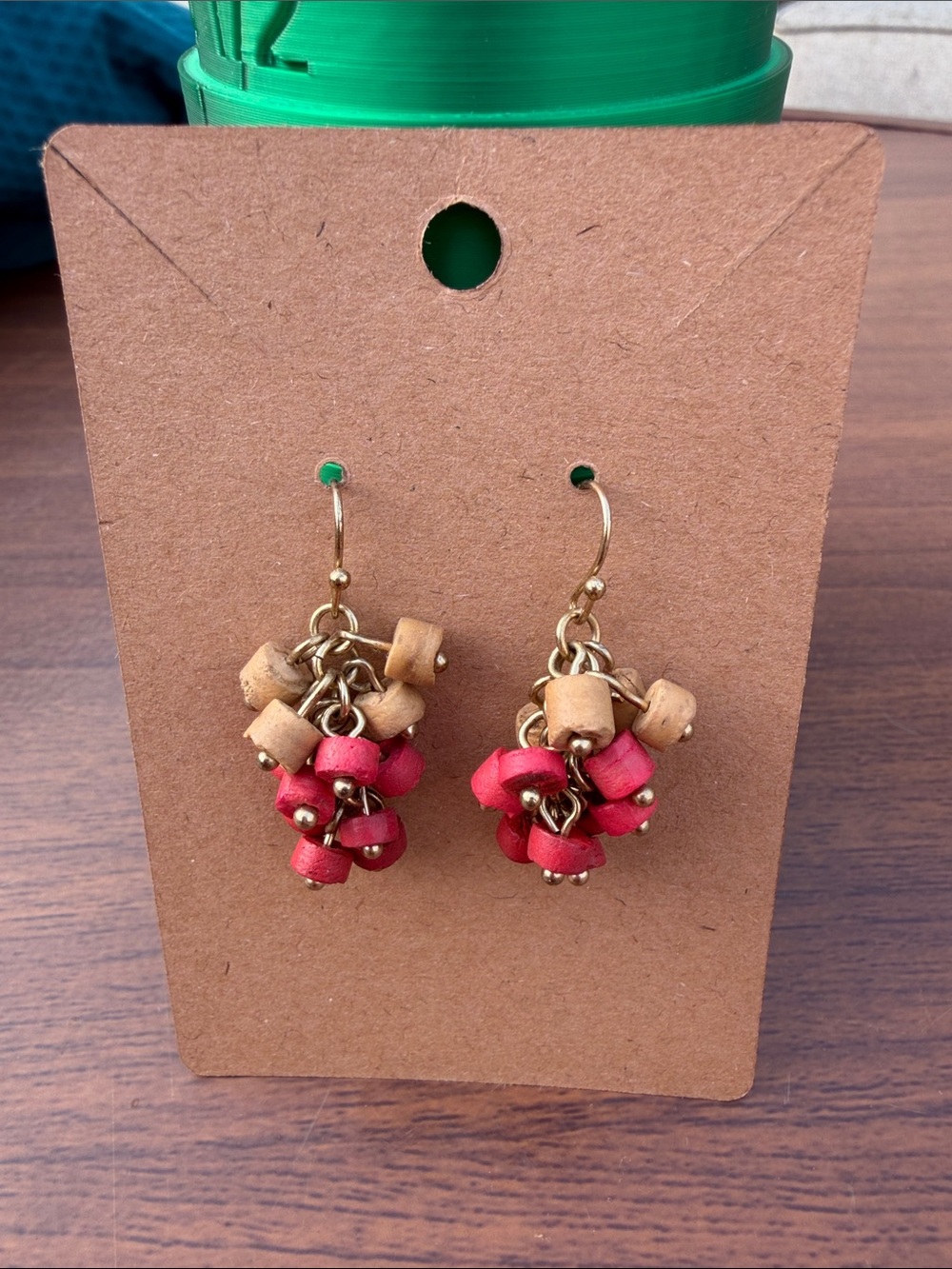 Handmade Red and Tan Cluster Dangle Earrings